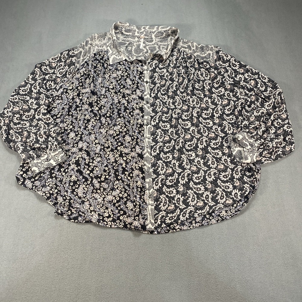 Free People Womens L Boho Dani Button Up Blouse Semi Sheer Floral Snakeskin